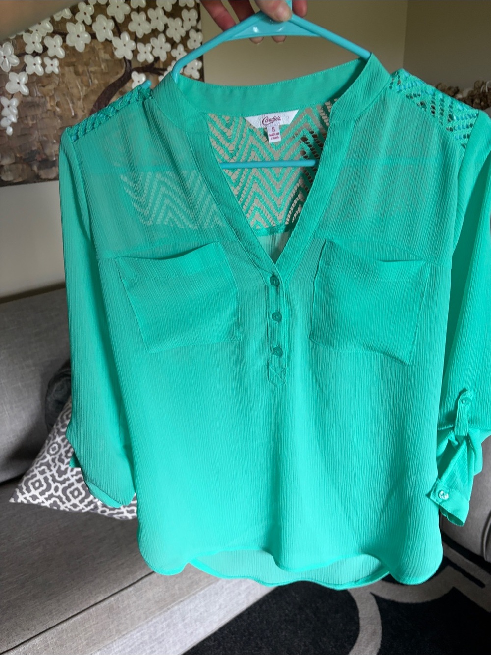 Candie's Seafoam Green Sheer V-Neck Button Blouse